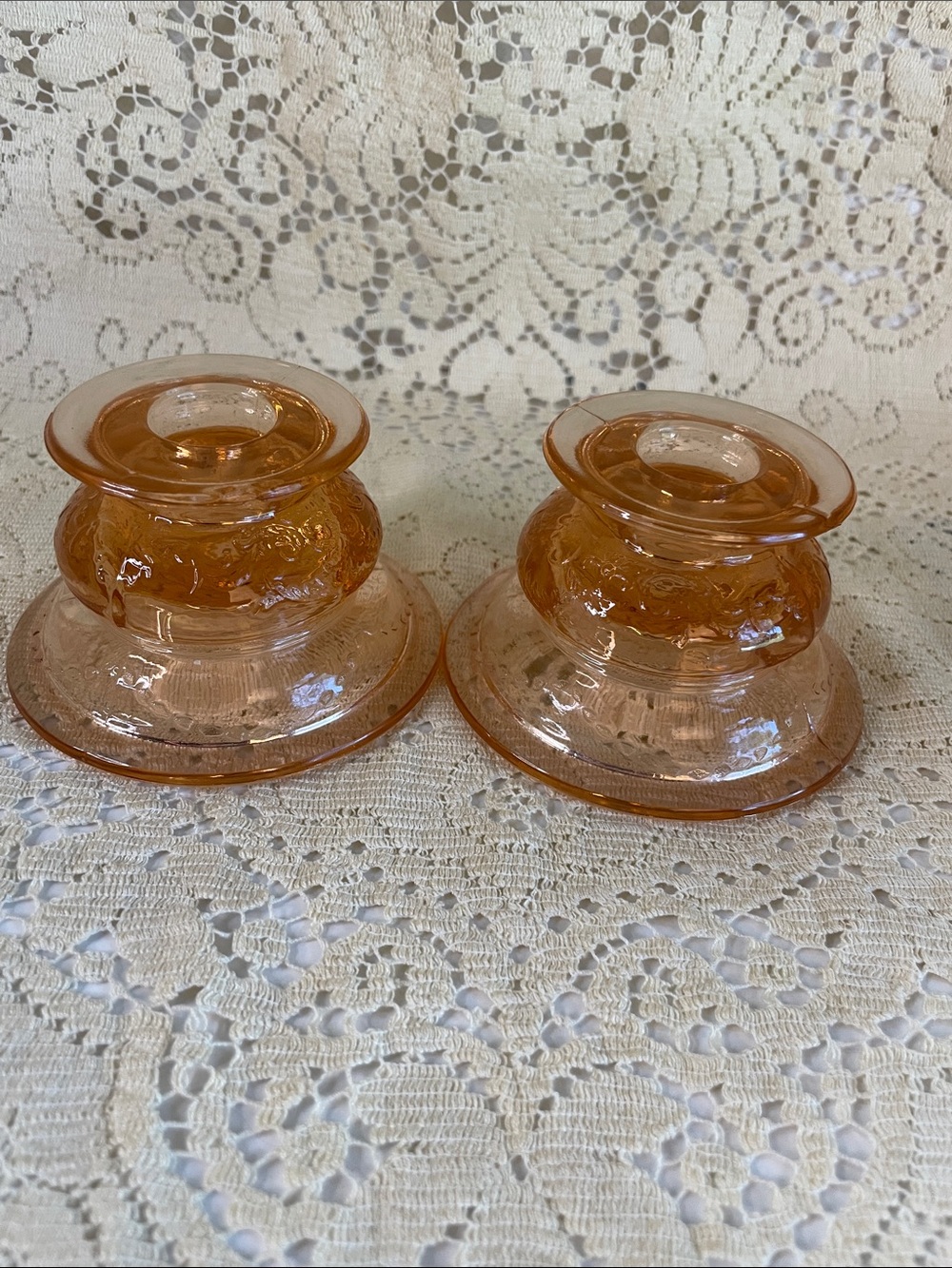 Vintage Pink Glass Candle Holders -Pair-Madrid Pattern